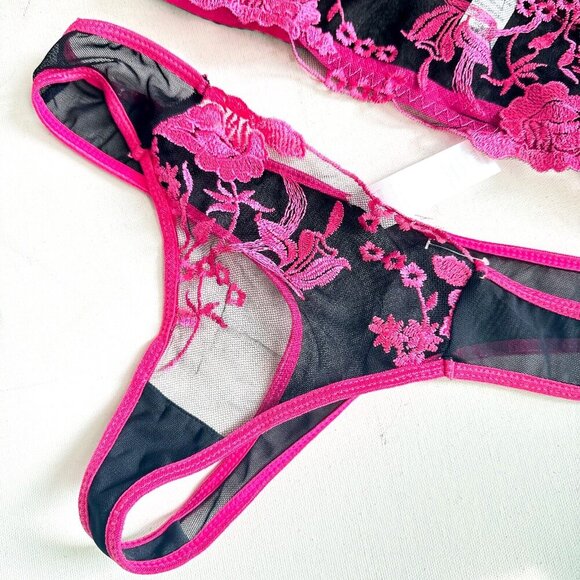 Bed of Roses Black Pink Floral Bra Thong Set S - Picture 3 of 6